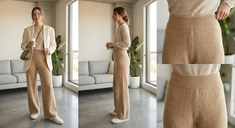 ZARA Wide Leg Pants Medium Tan Alpaca Wool Blend Knit Lounge Minimalist Cabin